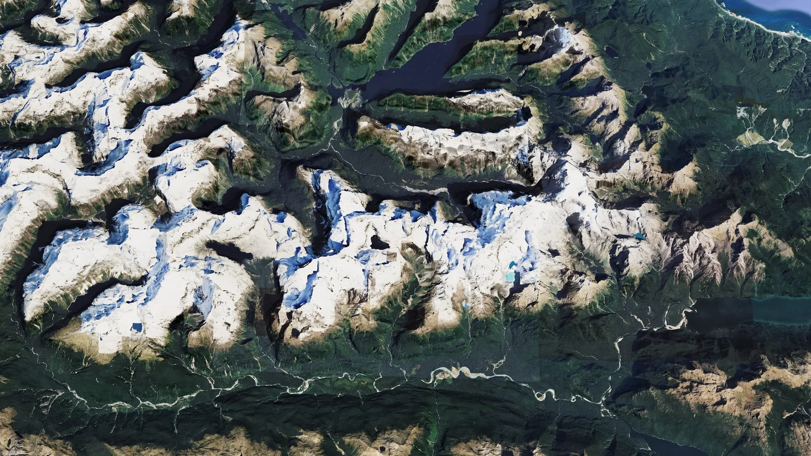 Top-down render of snow-covered mountain ranges and valleys