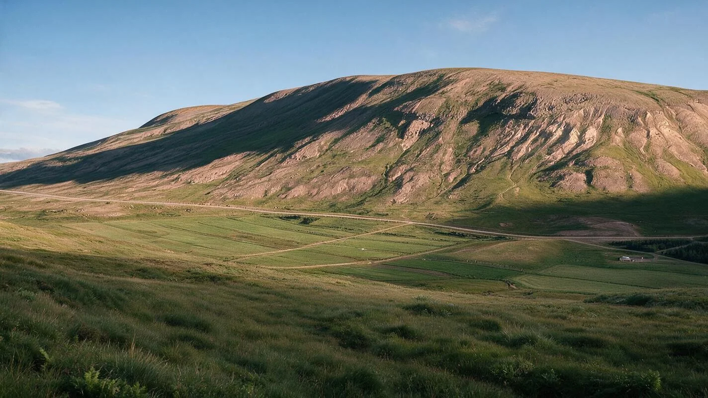 Ground-level view of an Icelandic hillside above green fields at golden hour
