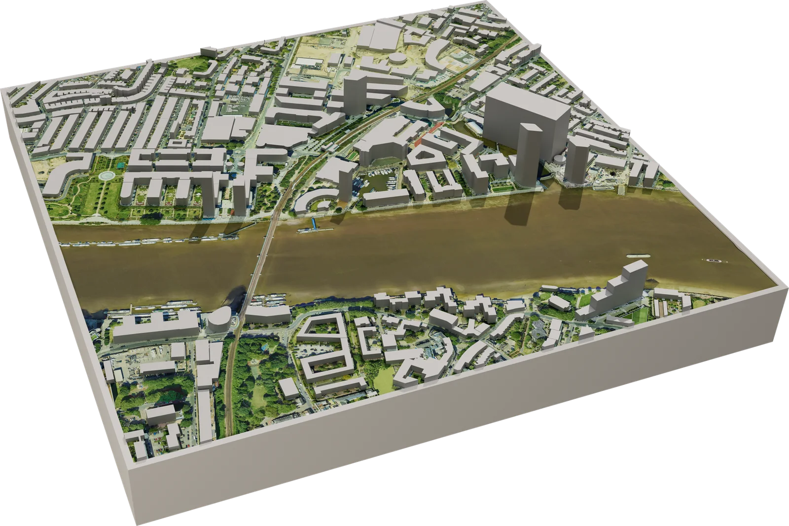 Render of central London with OpenStreetMap buildings along the Thames, made with Relevo