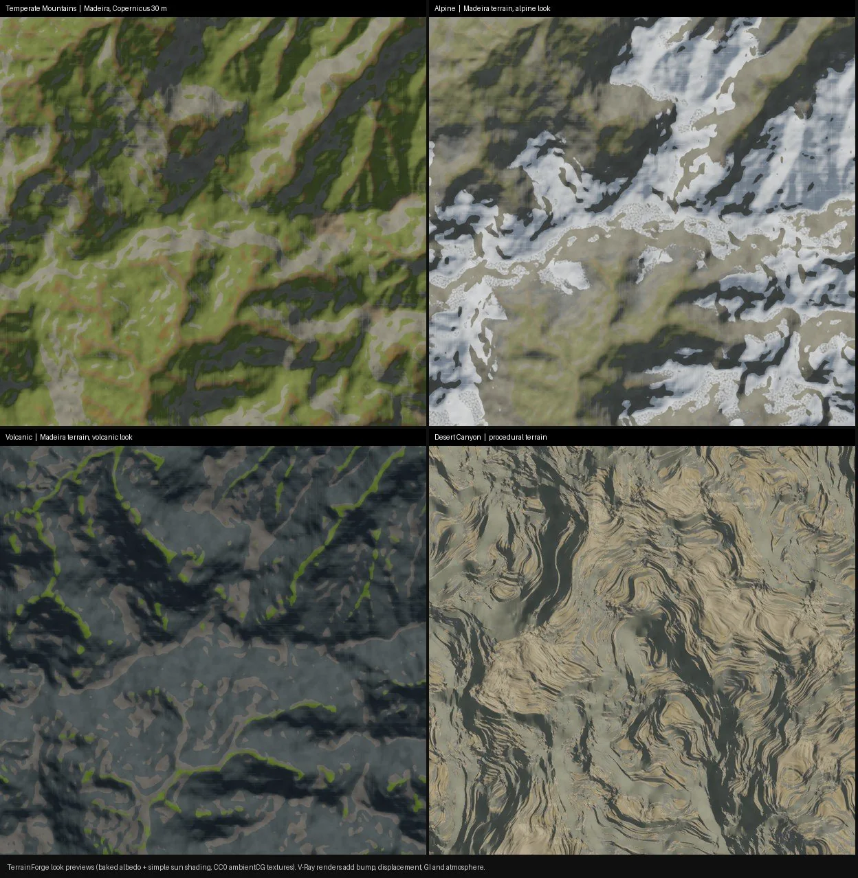 Four terrain look previews: temperate, alpine, volcanic and desert