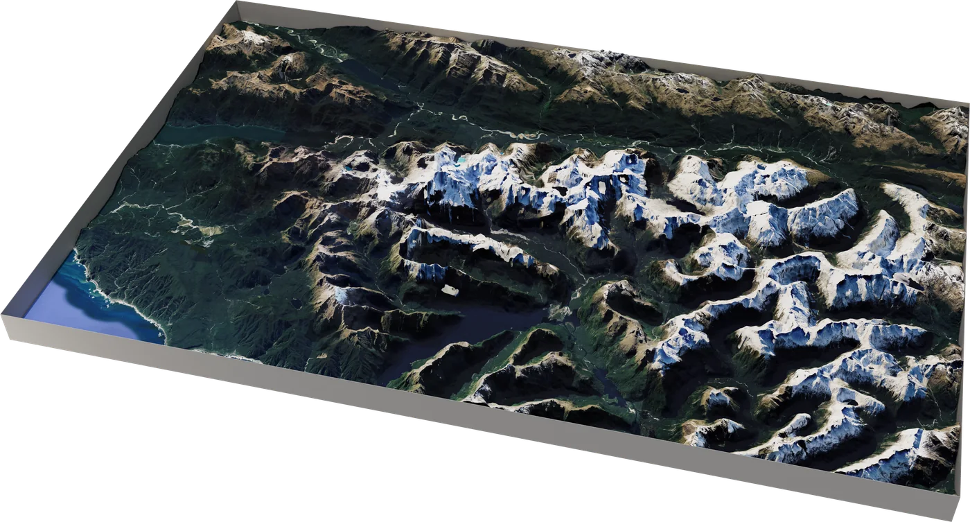 Terrain block of New Zealand mountains with snow and a lake