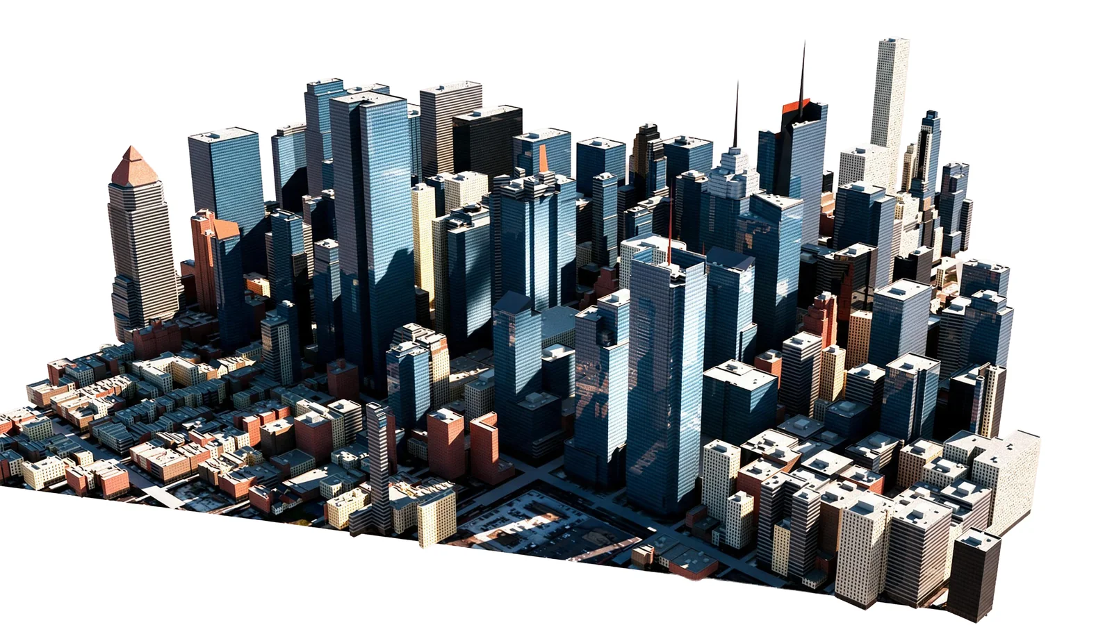 Aerial view of a dense city of glass towers and brick blocks built from OpenStreetMap with detailed roofs and facades