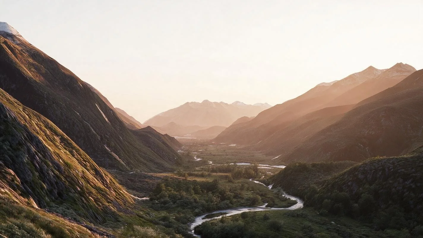 The same valley at sunset after AI enhancement with Vizmaker