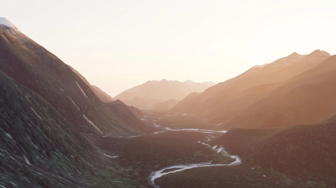 Raw Relevo and V-Ray render of a mountain valley at sunset