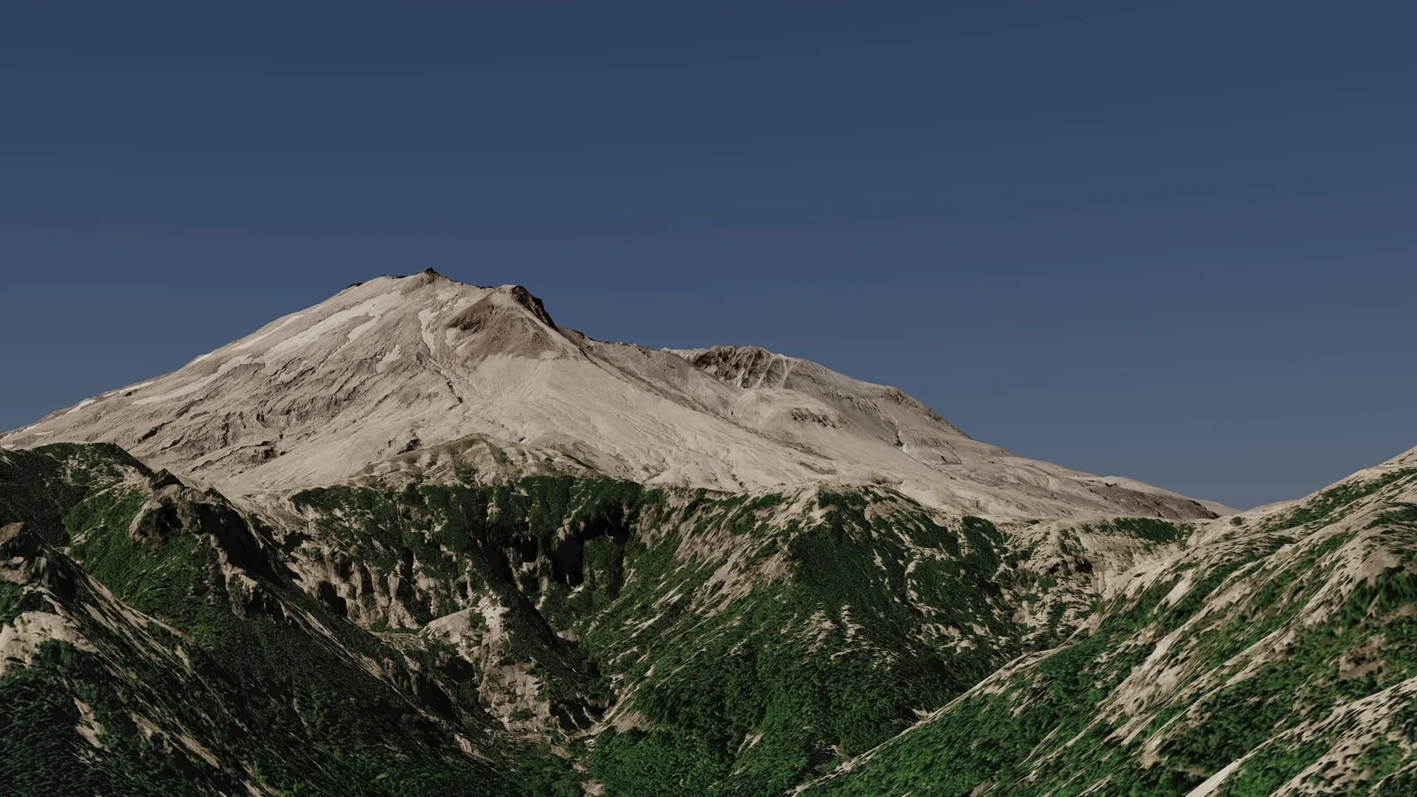 Close view of a volcano rising above forested ridges