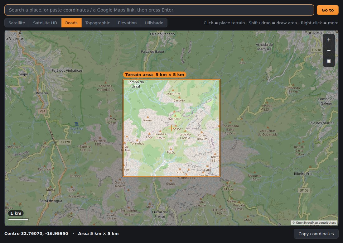 Map window with the terrain area box